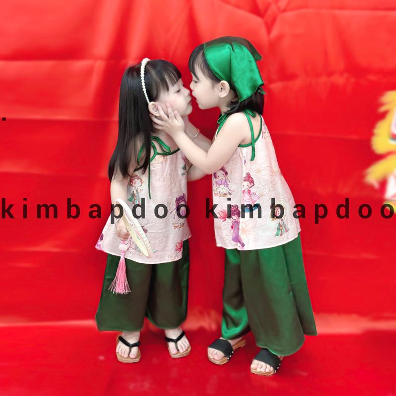 [kimbapdoo] set yếm tùng dinh dinh, Bà ba kèm khăn tuban cho bé gái, bộ đồ bé gái 7-35kg đi chơi lễ tết, trung thu, đi học chất mềm mát
