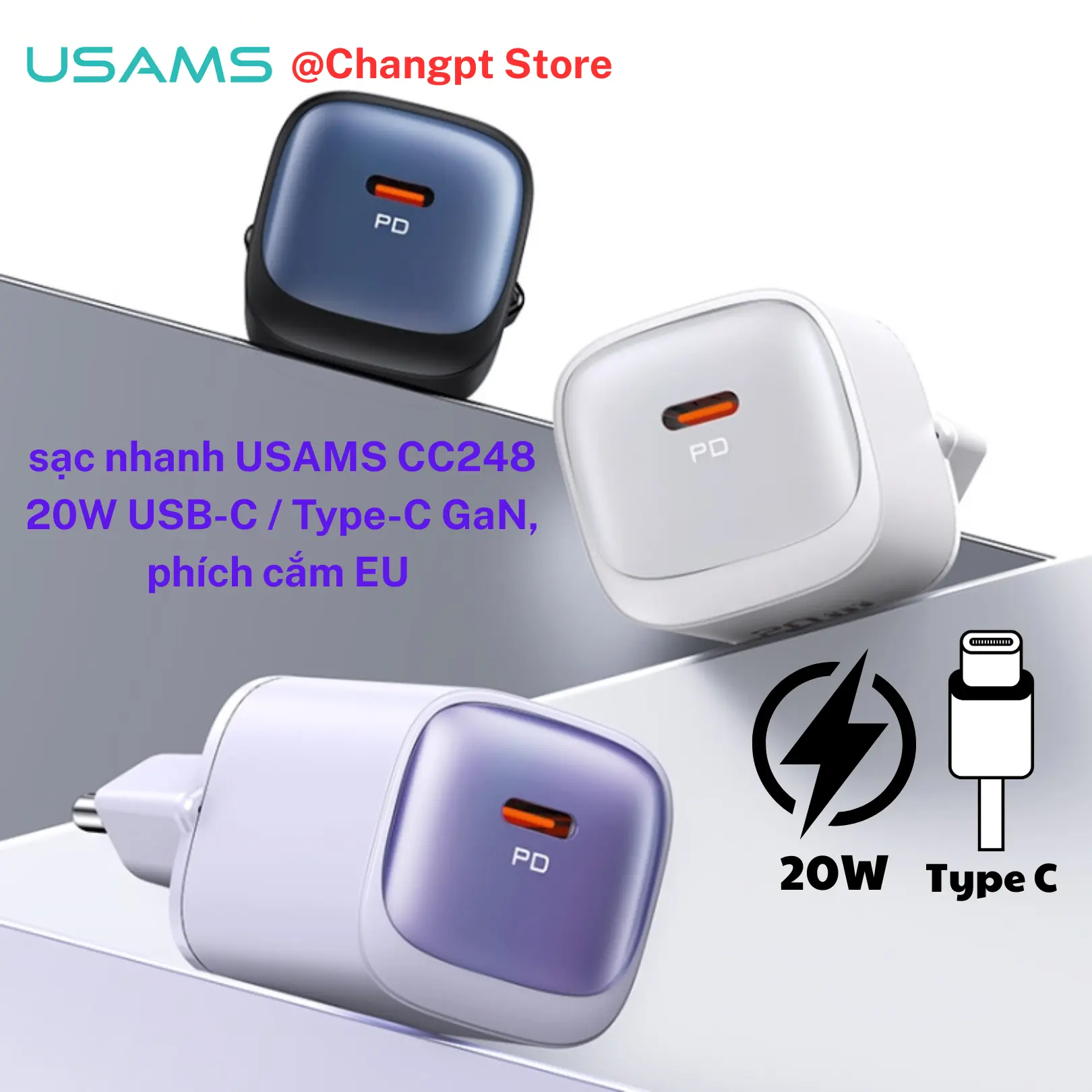 Sạc nhanh USAMS CC248 20W USB-C/Type-C GaN, phích cắm EU