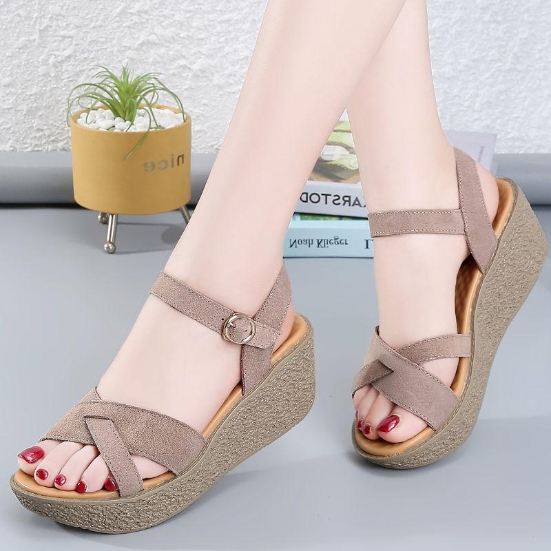 Xăng Đan Đế Xuồng Cho Nữ, Giày Đế Bằng Đa Năng Thoải Mái Mới, Da Thật, Thường Ngày, Gót Khối, Xăng Đan Gót Giữa, Mùa Hè 0