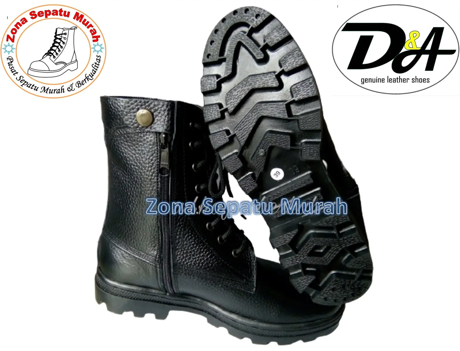 sepatu PDL Merk D&A tipe KOBRA-MIL kulit asli full jahit Hitam Boots Shoes Karet