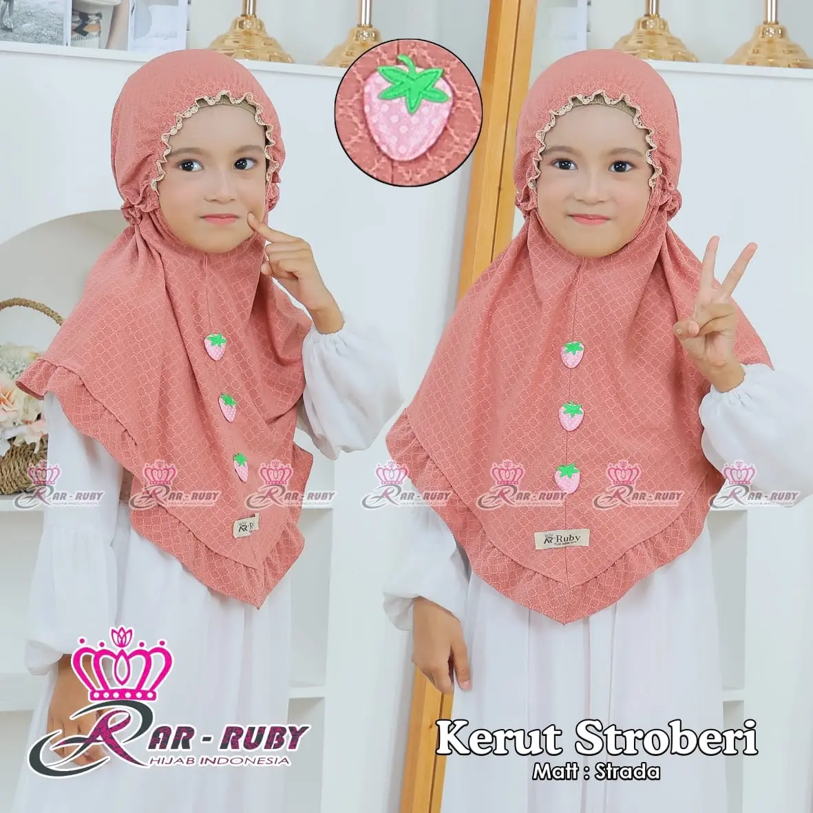 Hijab anak kerut strawberry untuk usia 4-10 tahun bahan strada