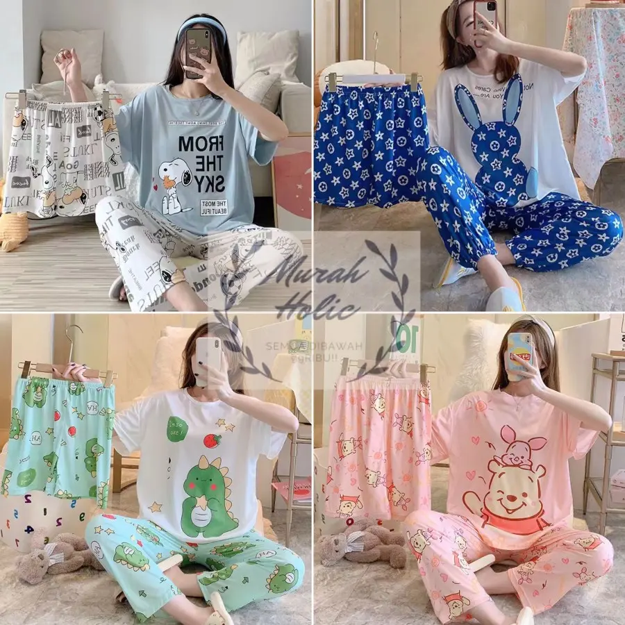 Set 3IN1 Baju Tidur Wanita Piyama Celana Pendek Celana Panjang Setelan Import Cewek Korea Sleepwear Nightgown Stelan Lucu Murah Karakter Fashion Pyjama Girl Woman Impor