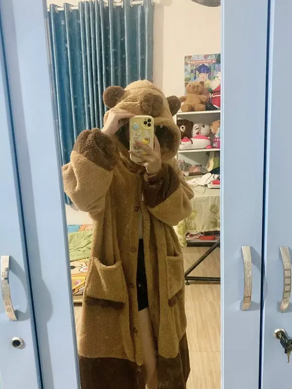 Áo choàng/Váy/ Bộ liền ngủ lông dài tay Capybara, Bộ đồ ngủ nữ mùa đông Capybara Áo ngủ Capybara Bộ Đồ Ngủ Vải Bông Nhung Capybara Dễ Thương T23 5