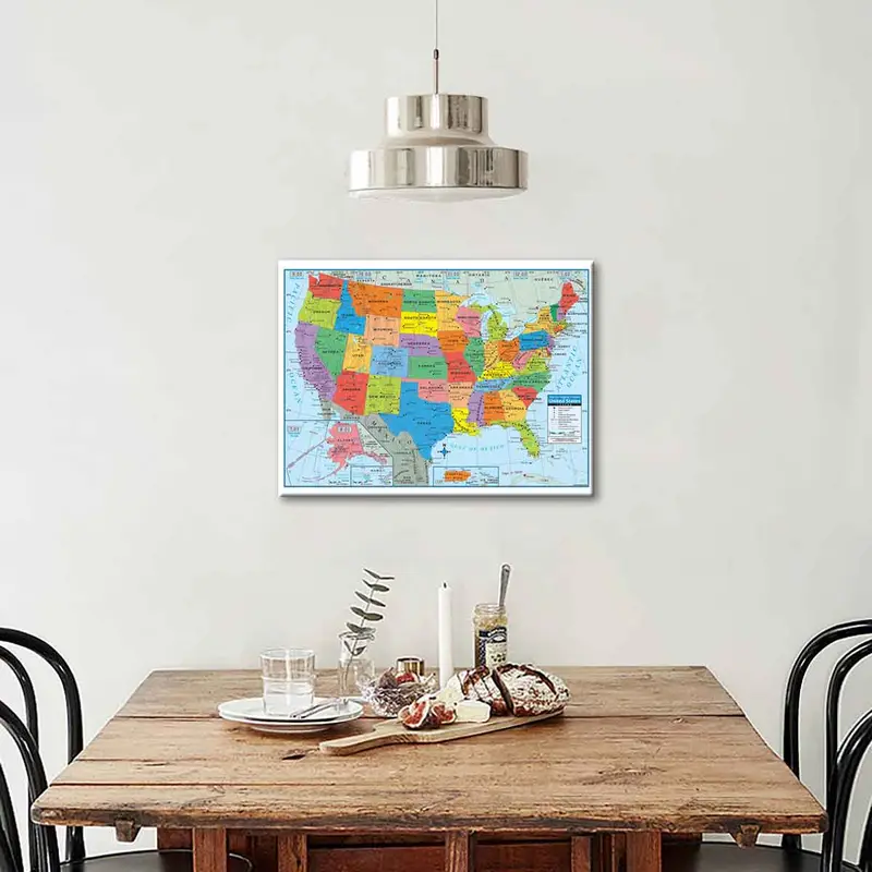 Wooden Framed Canvas Map Of The United States Poster, Modern Art Decoration, Pattern Wall Art Decor, Frame Painting for Living Room, Bedroom, Office, Restaurant Wall Decor 6
