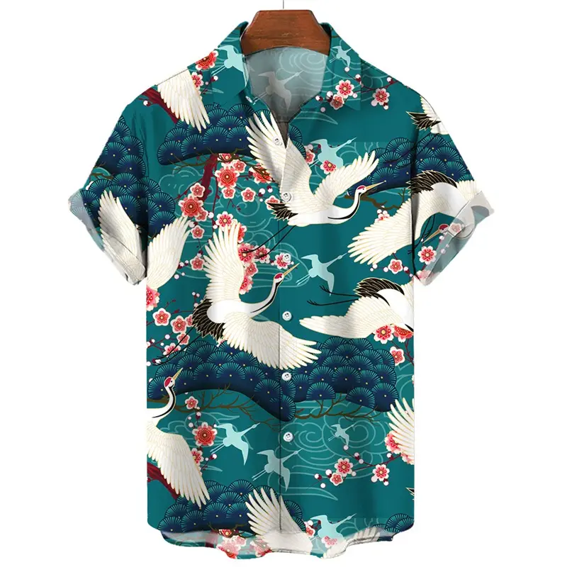 Áo Sơ Mi Hawaii, Thiết Kế Động Vật Cổ Điển Dành Cho Nam Giới, In Hình Cần Cẩu 3D, Tay Ngắn, Dáng Rộng Vừa Vặn, Phong Cách Thường Ngày Áo Sơ Mi Ngoại Cỡ Áo Harajuku Đường Phố, Áo Cánh Có Cúc Menswear