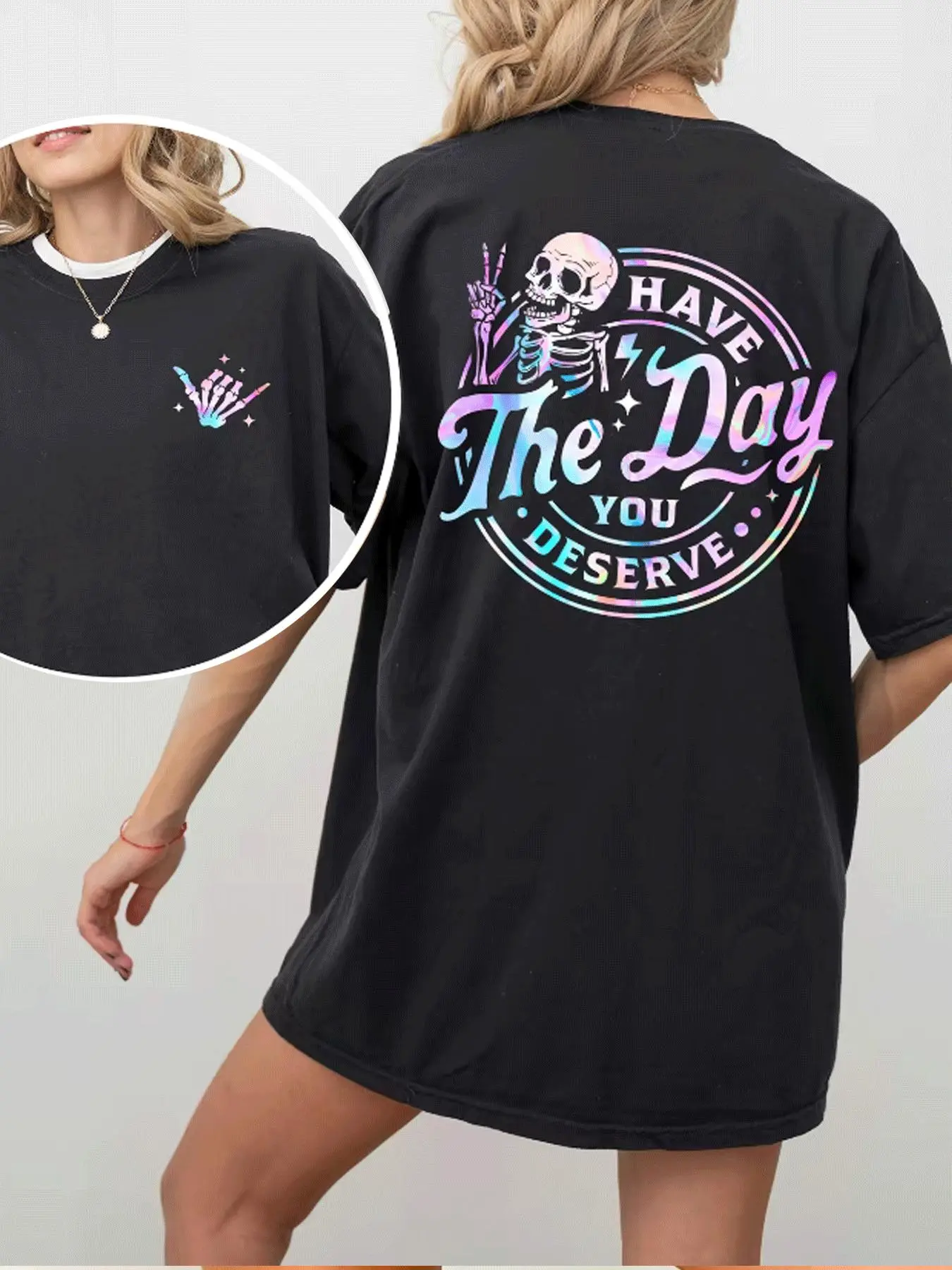 Women's Skeleton & Letter Print Round Neck Tee, Fashion Casual Crew Neck T-shirt for Daily Holiday Vacation Outdoor Wear, Ladies Clothes for Summer