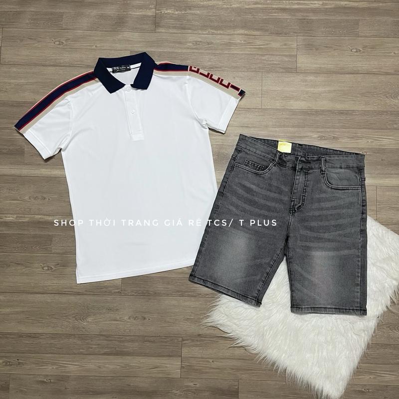  1 bộ   áo thun cộc tay trắng đen chất thun cá sấu co giản 4 chiều thấm hút mồ hôi phối cùng  quần short jeans màu xám  co giản thoải mái   size 45-75kg dành cho nam 