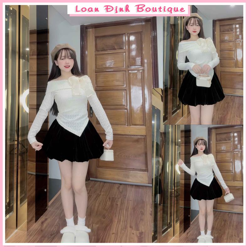 Áo Ren Xốp Trễ Vai Dính Nơ Tơ Ngọc Kết Hợp Chân Váy  Nhung Phồng Dễ Mặc By Loan Định Boutique LD084 - Nữ Top Tre Sen Voi Voi Voi