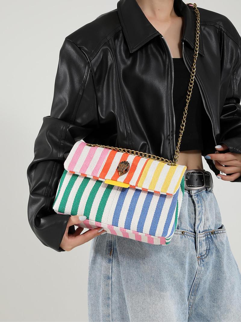 Product Introduction of Women's Fashionable Colorful Striped Pattern Crossbody Bag, Casual Versatile Zipper Shoulder Bag for Daily Used, Trendy All-match Commuter Bag 2