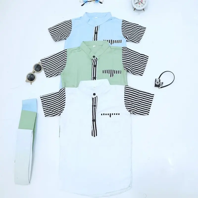 satu set baju kurta anak laki laki plus peci usia 1-10 tahun Katun Polos Celana Koko Muslim Salur Setelan Nyaman Panjang Pendek 4
