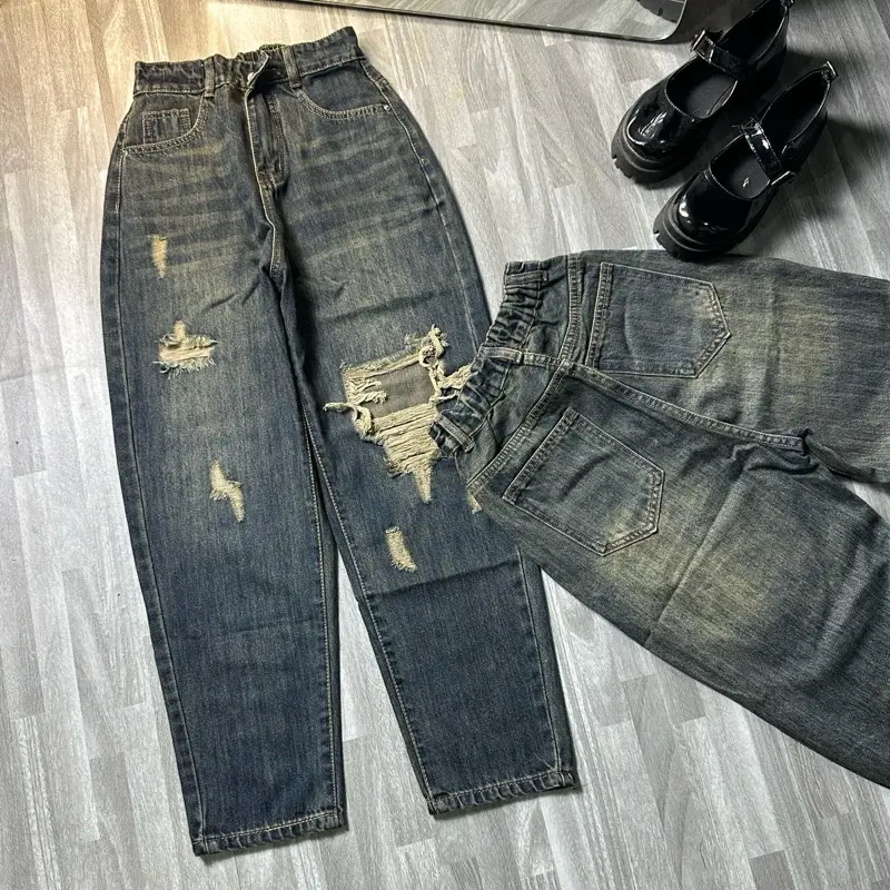 [944 - SML] Quần Jeans Baggy Xước Cá Tính Bo Chun - VYJEANS  Women Pants