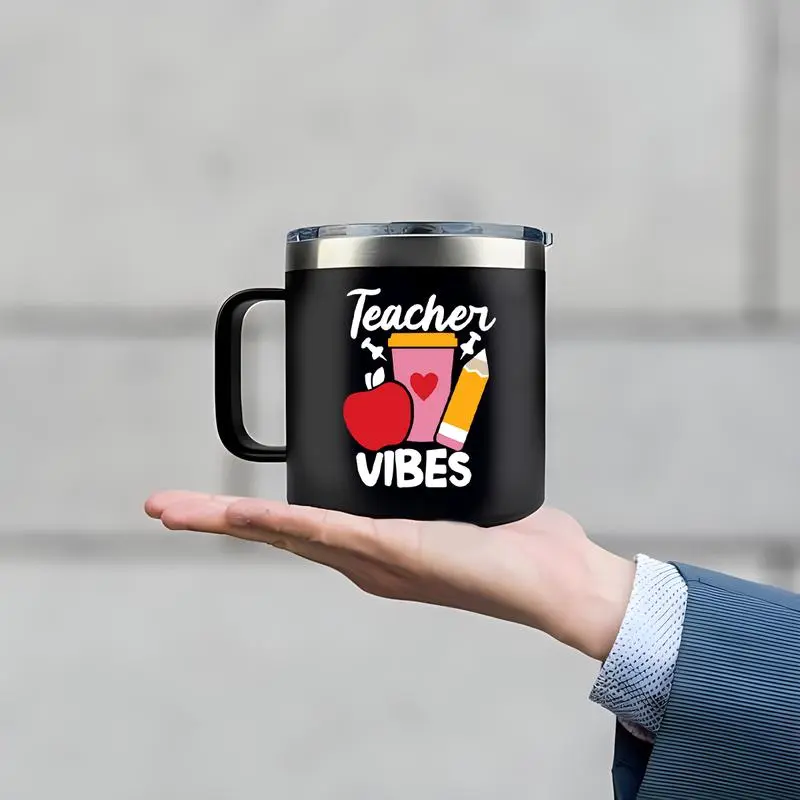 Teacher Vibes Letter Pattern Vacuum Flask, 14oz Stainless Steel Insulated Coffee Mug, Leak Proof Water Bottle for Home Office School, Drinkware 2