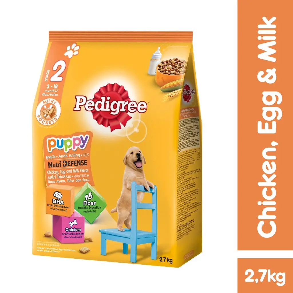 Thức ăn chó con Pedigree vị gà và trứng sữa gói 2,7kg vs chó lớn gói 3kg