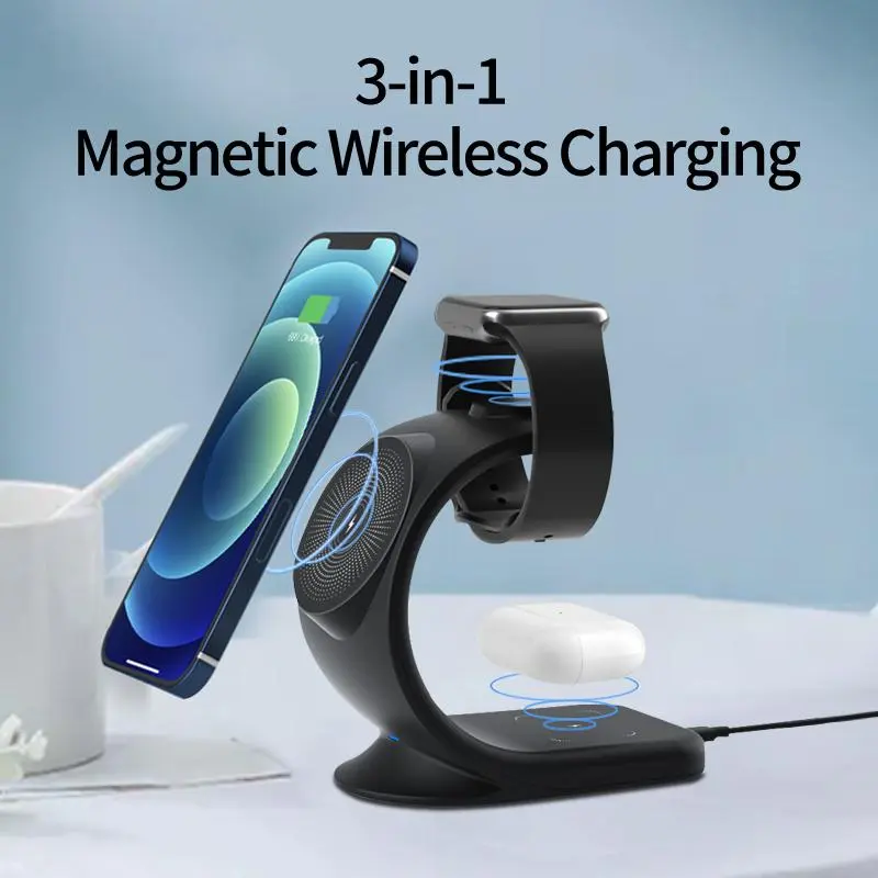 3 in 1 Magnetic Wireless Charger, Multifunctional Wireless Charging Stand for iPhone 16 15 14 13 12, Apple Watch, AirPods 3/Pro, Charging Device for Magsafe Charger
