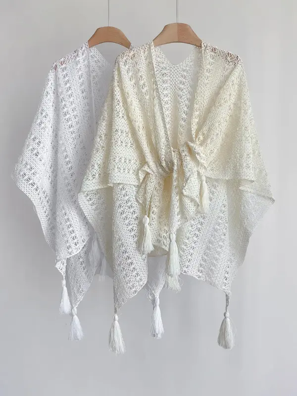 Women's Solid Color Lace Trim Poncho Cape, Casual Soft Comfortable Shawl for Daily Wear, Fashion White Clothing Accessories for All Seasons, Clothes 7