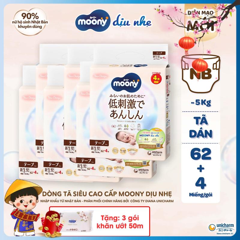 COMBO 6-TẶNG 3 GÓI KHĂN ƯỚT 50M Moony Tã bỉm dán Dịu Nhẹ Natural NB62+4 S58+2 M46 L38 miếng - Nhập khẩu Nhật Bản