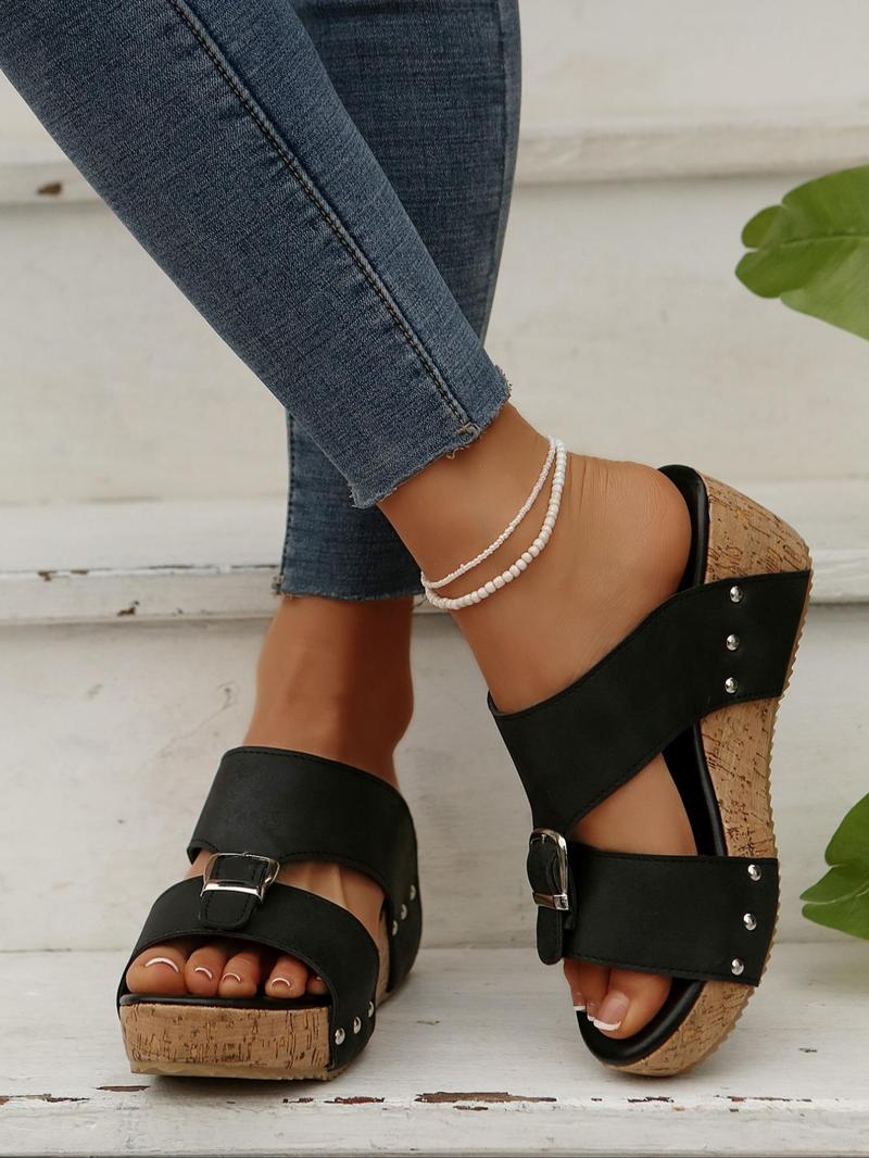 Product Introduction of Women's Fashionable Solid Color PU Leather Platform Sandals, Casual Comfortable Peep Toe Sandals for Beach Vacation, Female All-match Round Toe Sandals for Daily Wear, Shoe 9