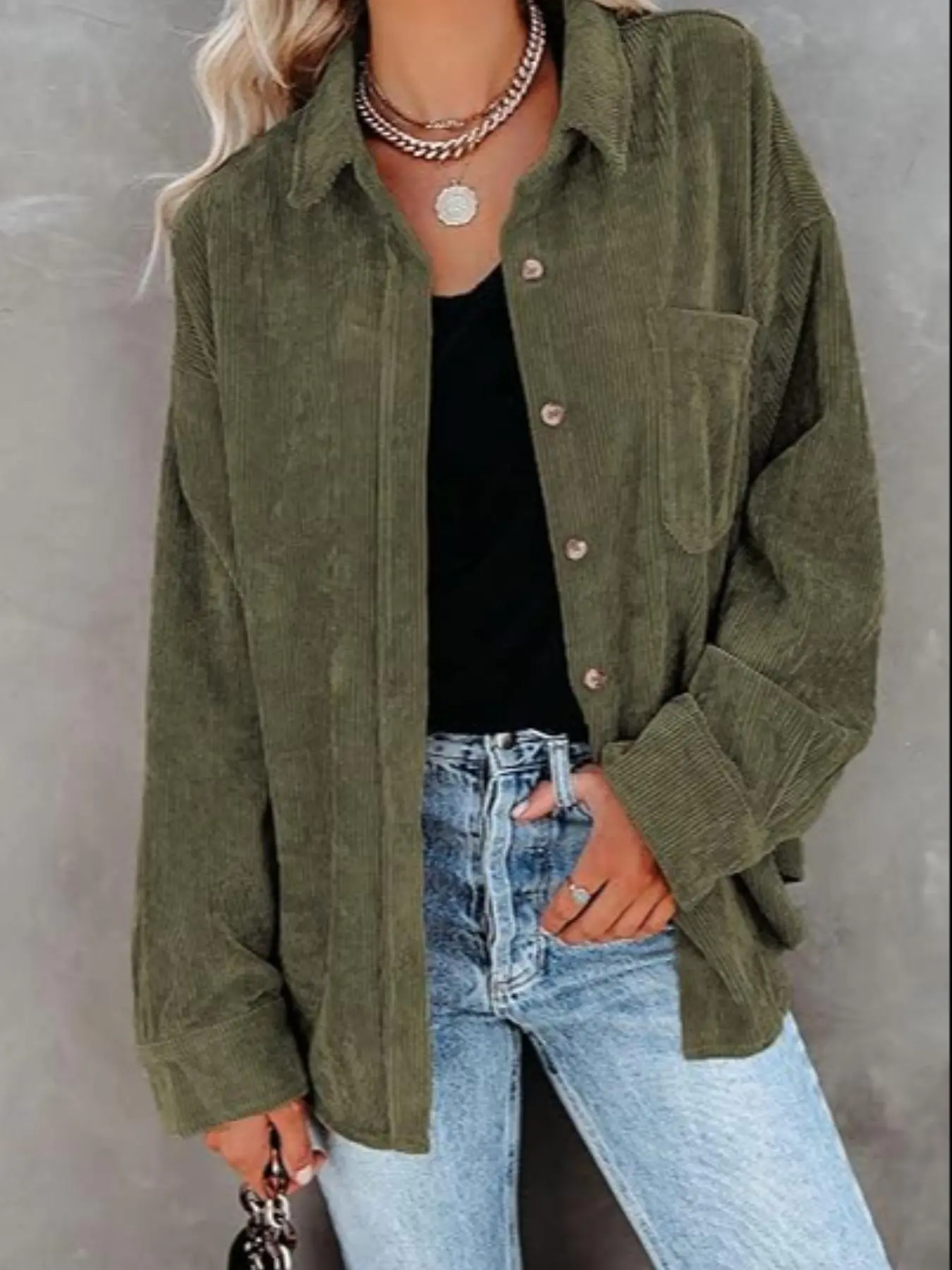 Women's Plain Button Front Pocket Corduroy Shirt, Casual Drop Shoulder Long Sleeve Collared Shirt for Fall & Winter, Women's Clothes for Daily Wear