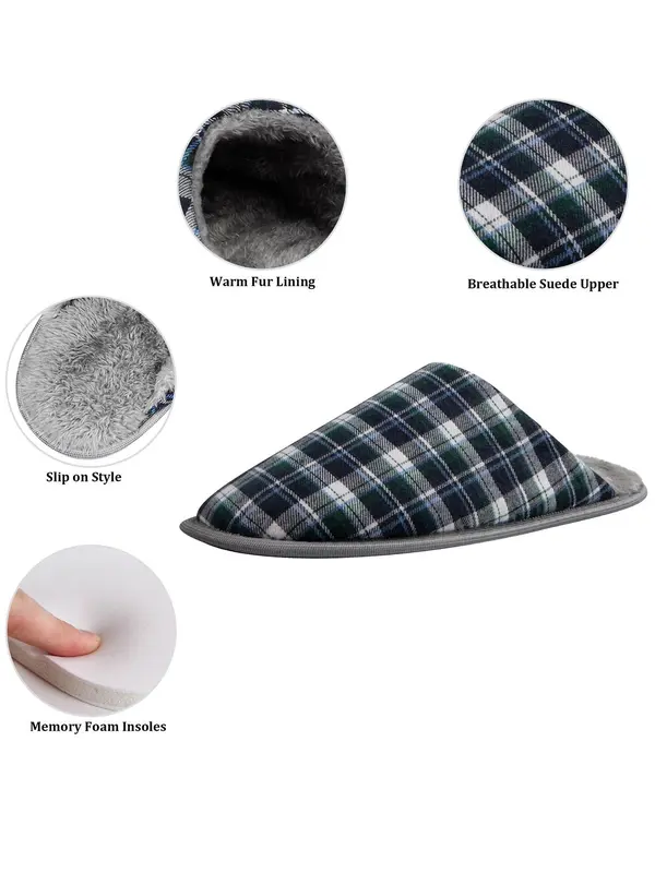 Men's Plaid Print Plush Slippers, Casual Comfortable Home Slippers, Warm Slippers for Indoor & Outdoor Use for All Seasons 2