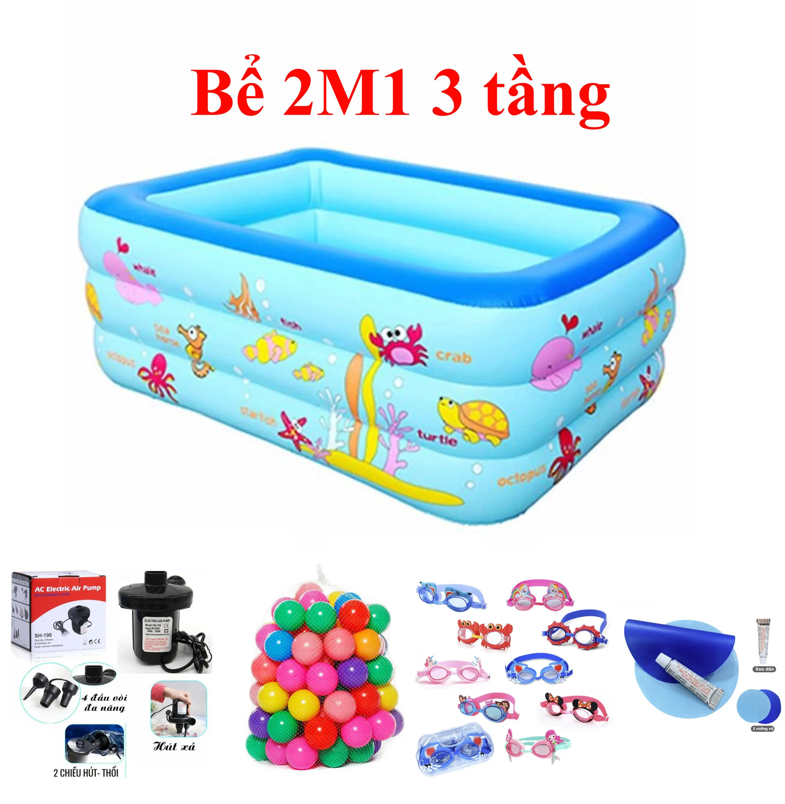 (KÈM BƠM) Bể 2M1 3 tầng tặng kèm bơm điện + bóng + keo, miếng dán