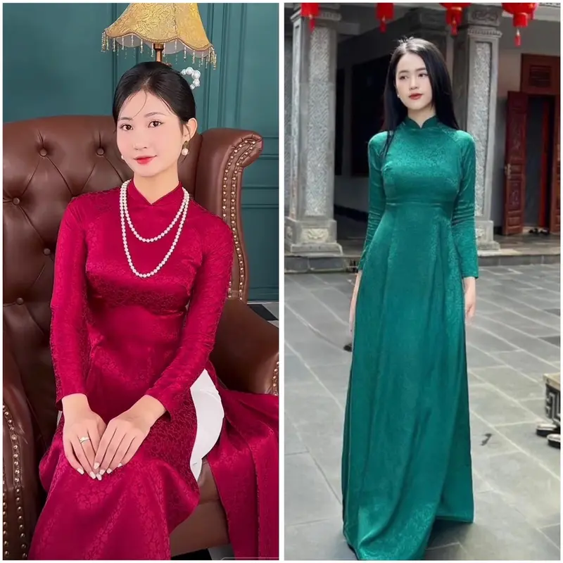 Áo dài gấm tơ cổ truyền thống tay dài phom ôm cao cấp nhiều màu 0