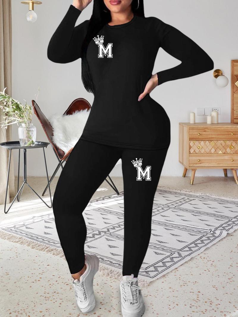Product Introduction of Women's Crewneck Graphic Tee & Elastic Waist Pants Set, Chic Long Sleeve Crew Neck T-shirt & Skinny Pants Co-ord Set, Casual Outfits for Lady, Comfort Womenswear Suits 12