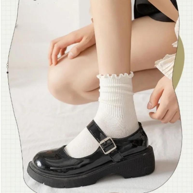 Tất Cho Nữ, Chất Liệu Cotton Xếp Ly Ống Giữa Dài Đến Mắt Cá Chân, Ngắn Và Thoáng Khí, Màu Đen Và Trắng, Thích Hợp Cho Mùa Mùa Xuân, Mùa Thu Và Mùa Đông Women Ong 2