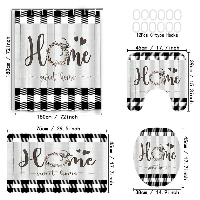 Product Introduction of Plaid & Letter Pattern Bathroom Set, 4pcs Modern Non-slip Bathroom Decoration Set, Including Bath Curtain, Toilet Lid Mat & Bath Mat, Bathroom Supplies, Home Goods,  Household Items 1