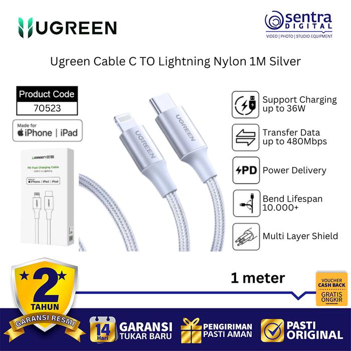 Gambar Ugreen Power Delivery PD Cable USB C to Lightning 1M 70523 Silver for Fast Charging iPhone iPad dari Sentra Digital Kota Surabaya Tokopedia