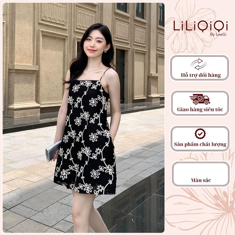 Váy 2 dây dáng A họa tiết LiLiQiQi By Leegi - LeiLei Dress chất vải ren dệt hoa nổi cao cấp dành cho nữ màu đen - VN749 Women