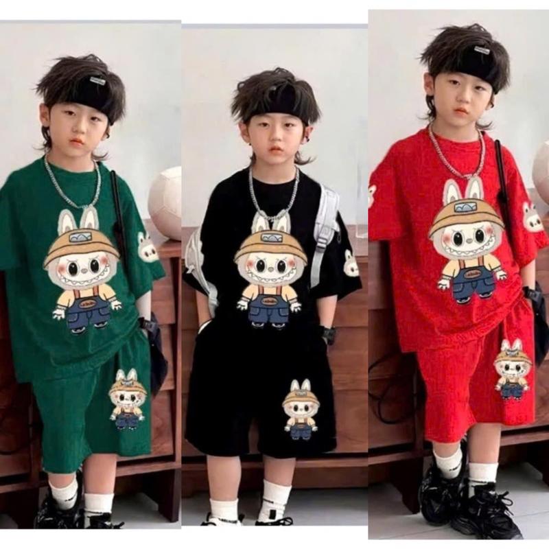 LABUBU Bộ đồ cho bé trai in hình LABUBU, chất vải cotton, 3 màu ĐỎ XANH ĐEN, size 12-44 kg