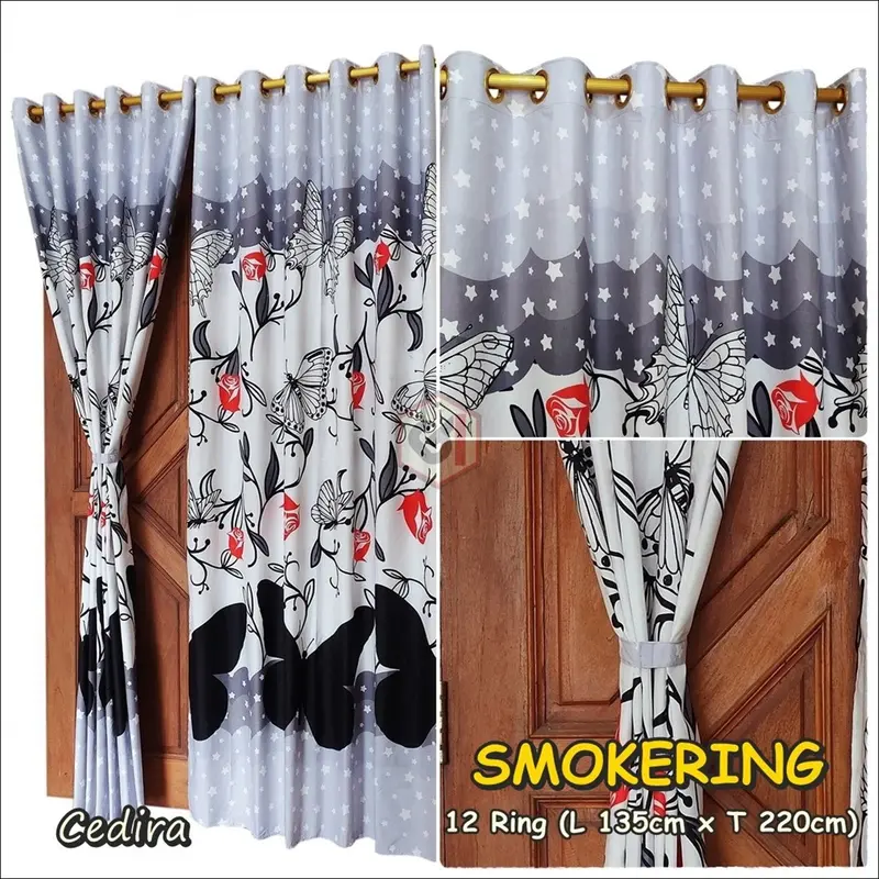 Gorden Pintu Jendela Smokring 12 Ring Ukuran 135x220cm Bahan Katun Disperse Warna Motif Dominan Putih Cerah Tali Korden 2