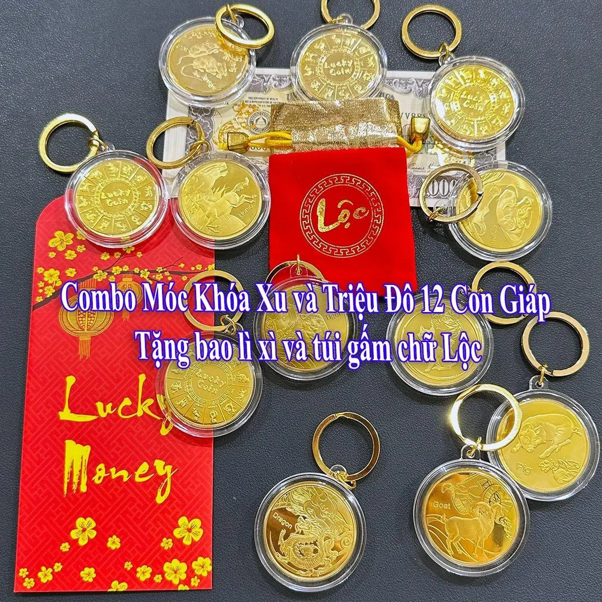 Combo Móc Khoá Xu và Triệu Đô 12 Con Giáp Mạ Vàng tặng bao lì xì và túi gấm chữ Lộc