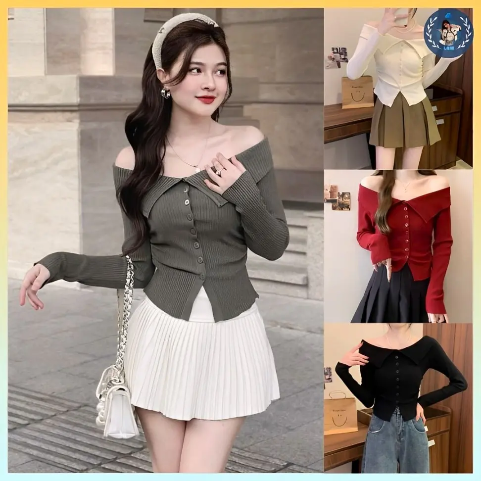 💥[A296] Áo len thun Montoghi dệt kim KIỂU NHÚN EO phối bẹt 2 bên vai tay dài phối nút xinh xắn - L2M ( Top Nhung Women Áo hở vai ) 【 hoa hồng 】