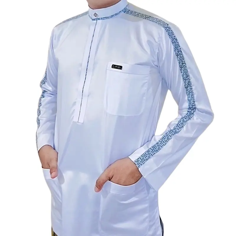 Baju koko Original Saudi Polyester Import lengan panjang putih les tangan abu bintik hitam / Baju Pria Muslim Elit, Mewah, Berkelas dan Berkualitas Alghin Exclusive 23 5