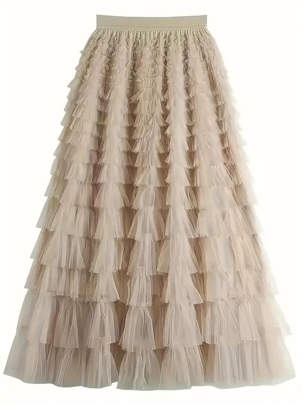 Women's Plain Ruffle Hem Tiered Layer Skirt, Elegant High Waist Long Skirt for Vacation Holiday Party, Ladies Bottoms for All Seasons,  Skirt 1