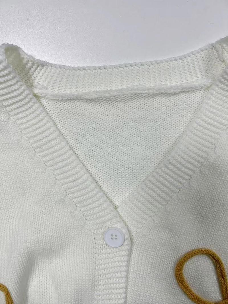 Product Introduction of Women's Colorblock Bow Pattern V Neck Sweater Cardigan, Casual Long Sleeve Cardigan for Spring, Fashion Women's Knitwear for Daily Wear Valentine's Day, gift 7
