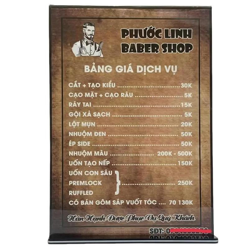 Bảng giá menu để bàn, kích thước A5 - A4, menu Mika đế lùa trong suốt, bảng giá mica đẹp