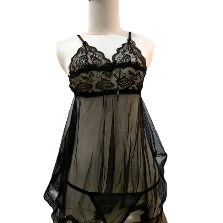 Dress Lingerie Babydoll leher V neck tali bisa diatur kombinasi rendah halus belakang karet Lingerie