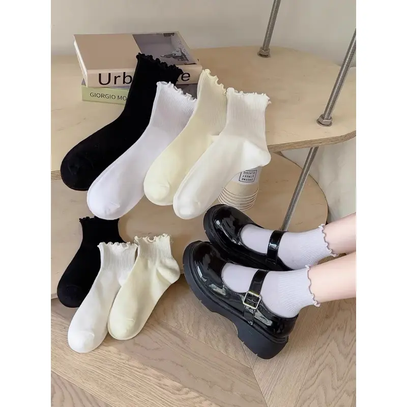 Set 5 Tất Cổ Cao Nữ Bèo Nhún, Vớ Bèo Nhún Nữ Cổ Cao Màu Trơn Basic Thời Trang Vintage Hàn Quốc M122 Women 3