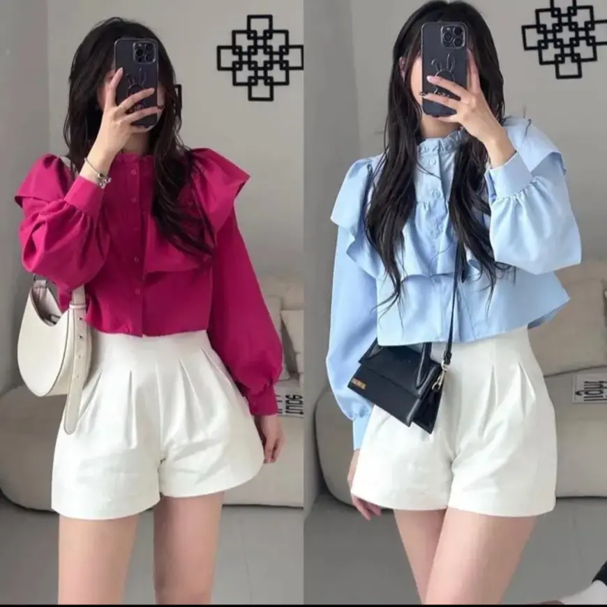 Sơ mi nữ kiểu cực sang chảnh,áo sơ mi nữ croptop 4 màu cổ bèo cách điệu phong cách Hàn Quốc cực hót Trắng Women Shirt