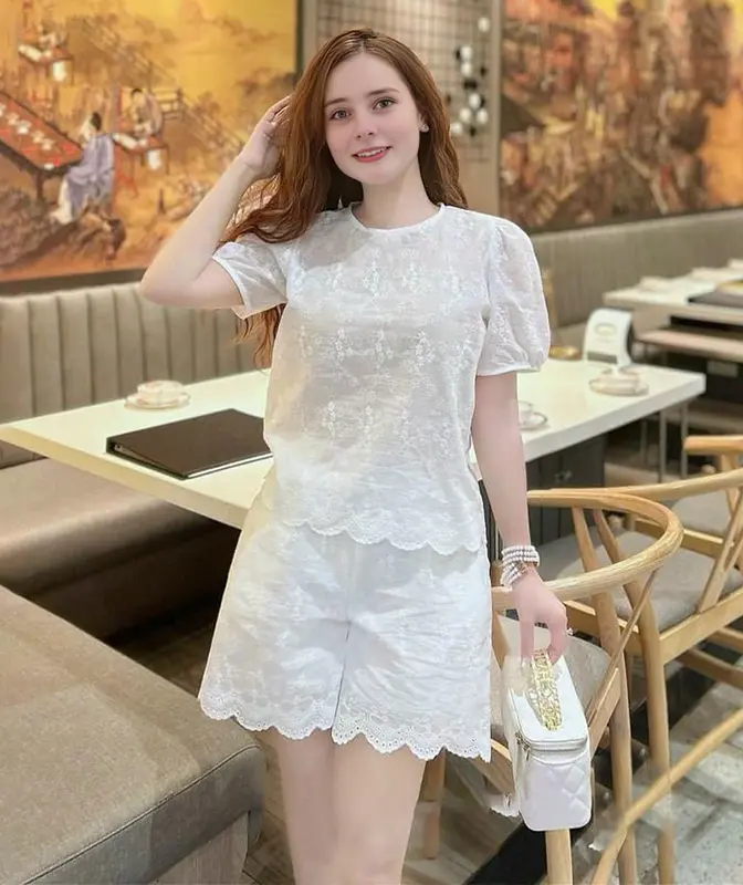 Set bộ cotton thêu thời trang kiểu dáng suông thanh lịch xinh xắn thoáng mát Nữ Top Trắng Women Áo Nhung Voi