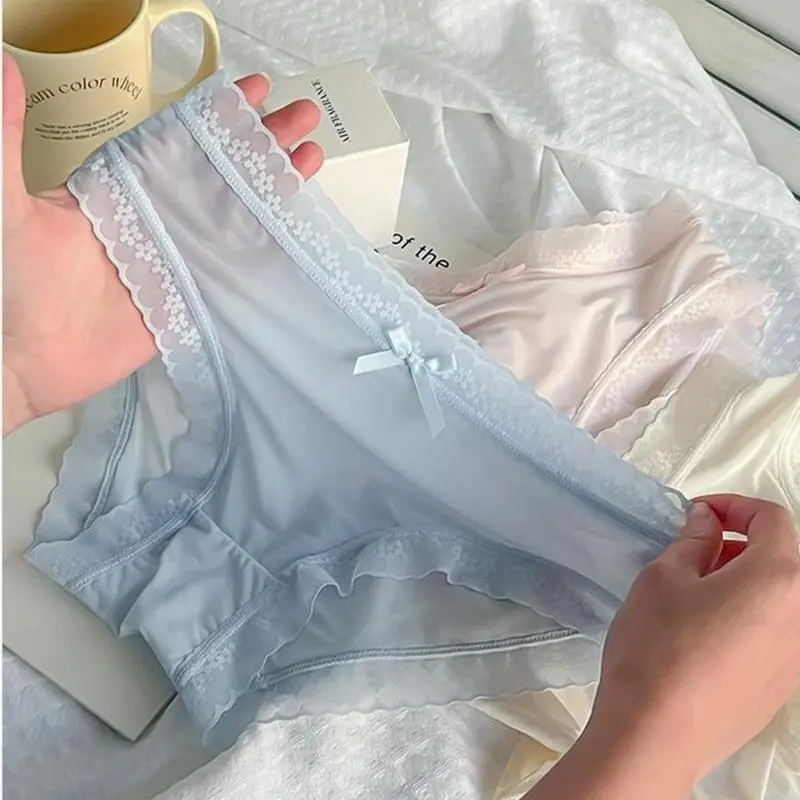 Set 10 Quần Lót Nữ Su Lụa Tàng Hình Viền Ren Đính Nơ, Phong Cách Hàn Quốc Women Tua Rua