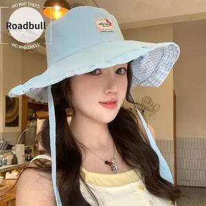 ROADBULL新作夏用日焼け止まりまりめけ止まりめけ止め軽量紐払いききフィッシャーマンハット,女性のための韓国スタイルチェック柄リボン払いき,旅行用つば通気性の高いい折りりたたみ式りたたみおそらく帽子