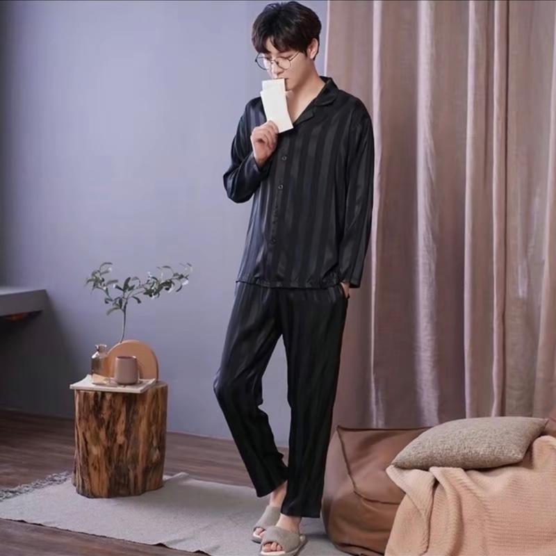 Bộ đồ ngủ nam nữ , bộ lụa xuân thu dài tay sọc đen  chất lụa cao cấp Áo Nhung 1