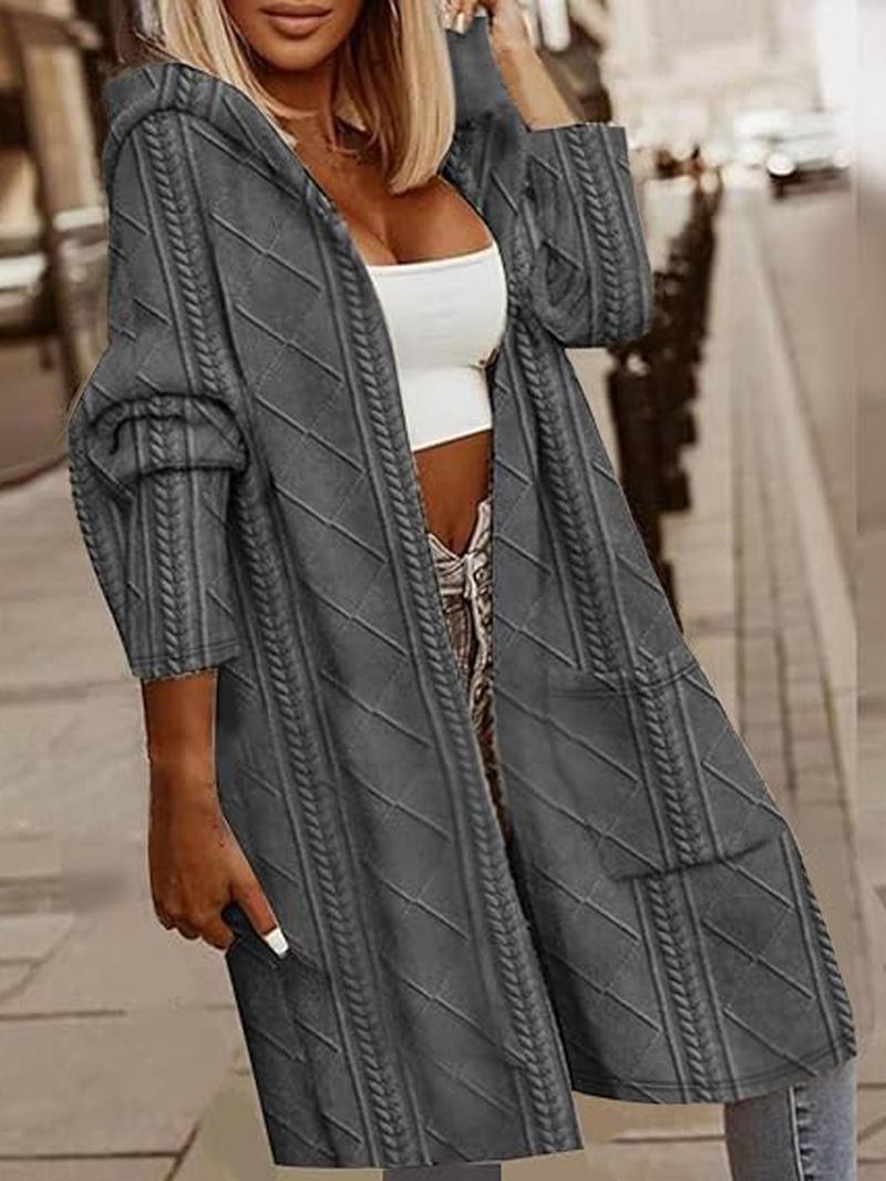Product Introduction of Plus Size Solid Pocket Drop Shoulder Hooded Jacket, Casual Long Sleeve Open Front Outerwear for Fall & Winter, Women's Clothes for Daily Wear Valentine's Day, gift 3