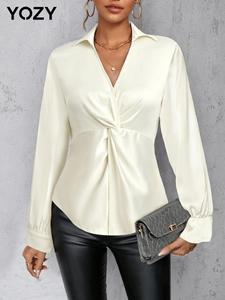 YOZY Women's Plain Twist Front Long Sleeve Blouse, Elegant Collared Shirt Top for Fall & Winter, Women's Clothing for Work Office Business
