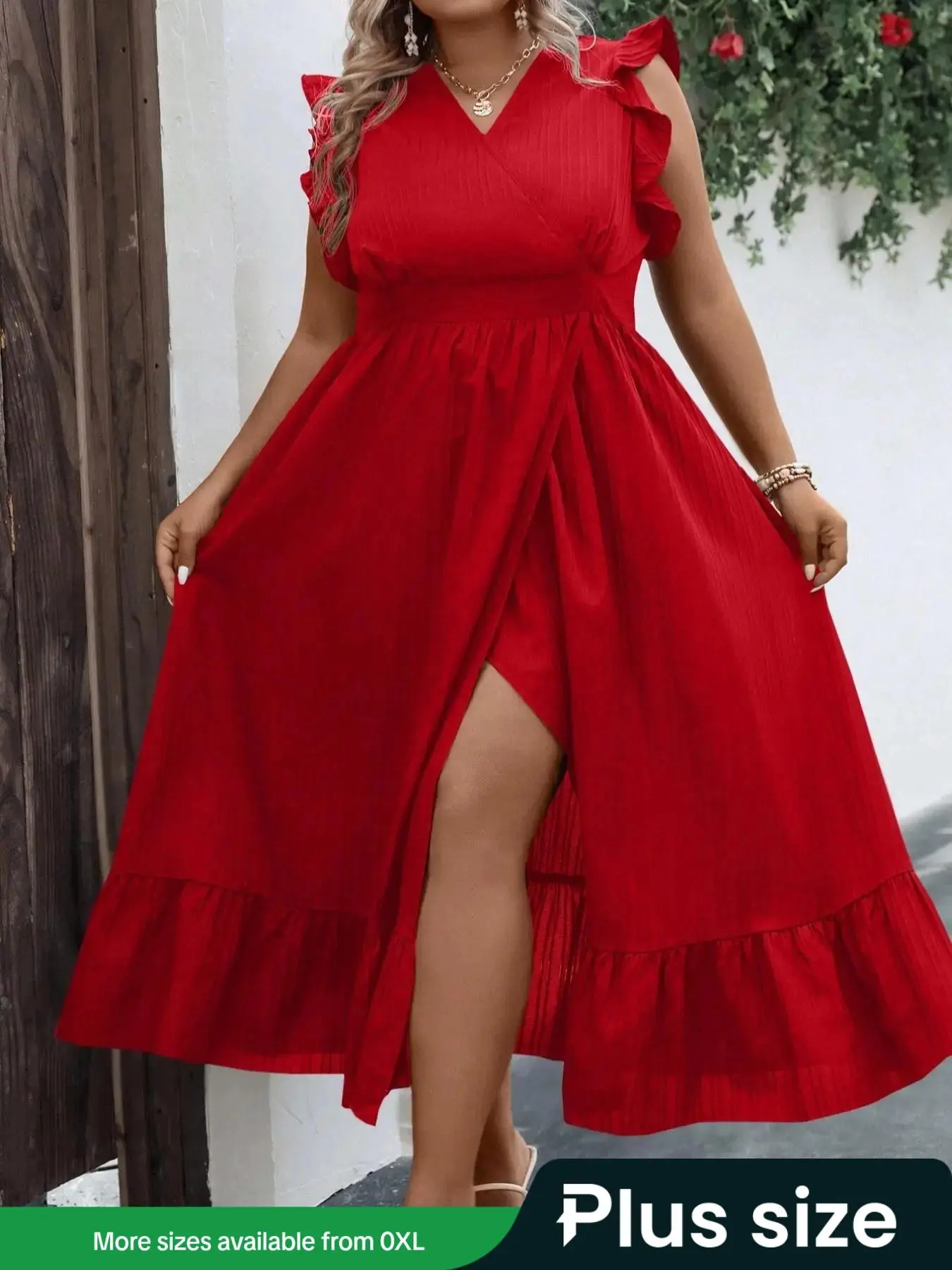 【Plus Size】 Solid Ruffle Split Dress, Plus Casual Fashion Dress for Daily Outdoor Wear, Women Plus Clothing for Summer