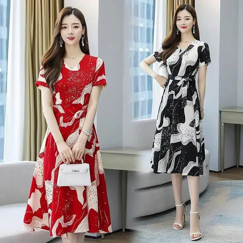 Váy Mùa Hè, Ngoại Cỡ Cho Nữ, Cổ Chữ V, Cao Cấp, Phong Cách Hàn Quốc, Mỏng Vừa Vặn, Thanh Lịch, Dài Trung Bình Váy Hoa, Hàng Mới Về 2025
