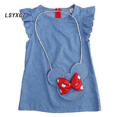 Baby Girl Summer Flying Sleeve Denim Dress Bow with Mouse Bag Dresses 2